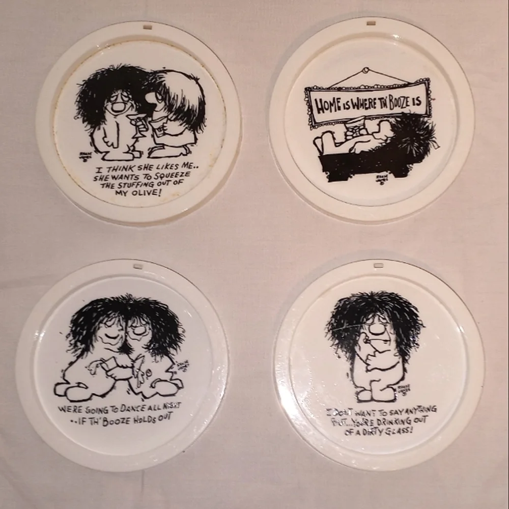 The Giddies 1970's set of 8 Humorous Plastic Novelty Kitchy coasters